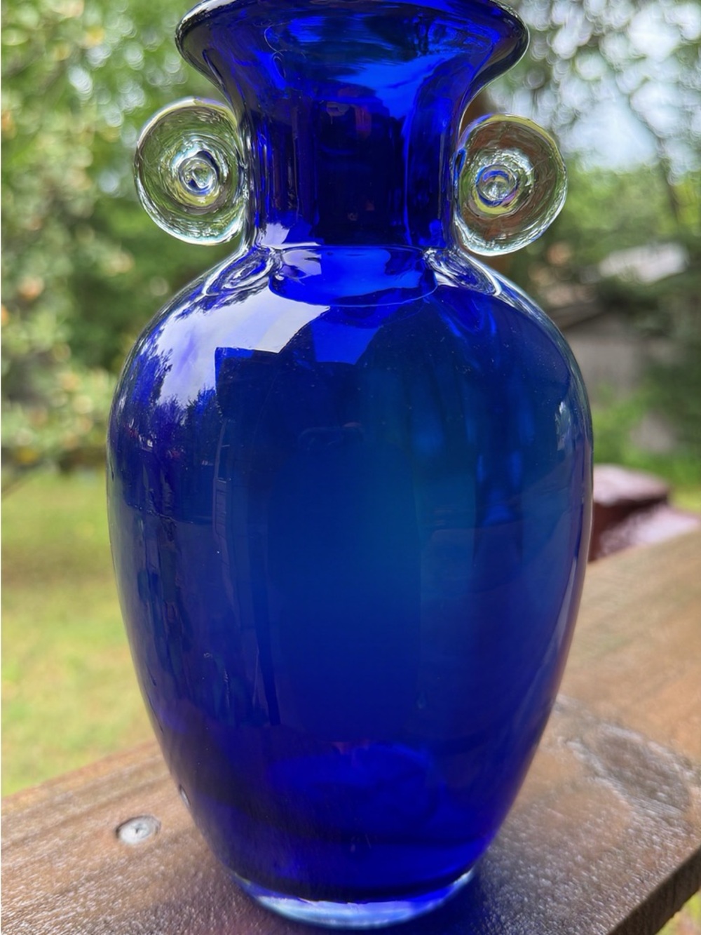 Vintage Blenko Cobalt Blue Glass Decorative Vase 7.5 Inches With Scroll Handles